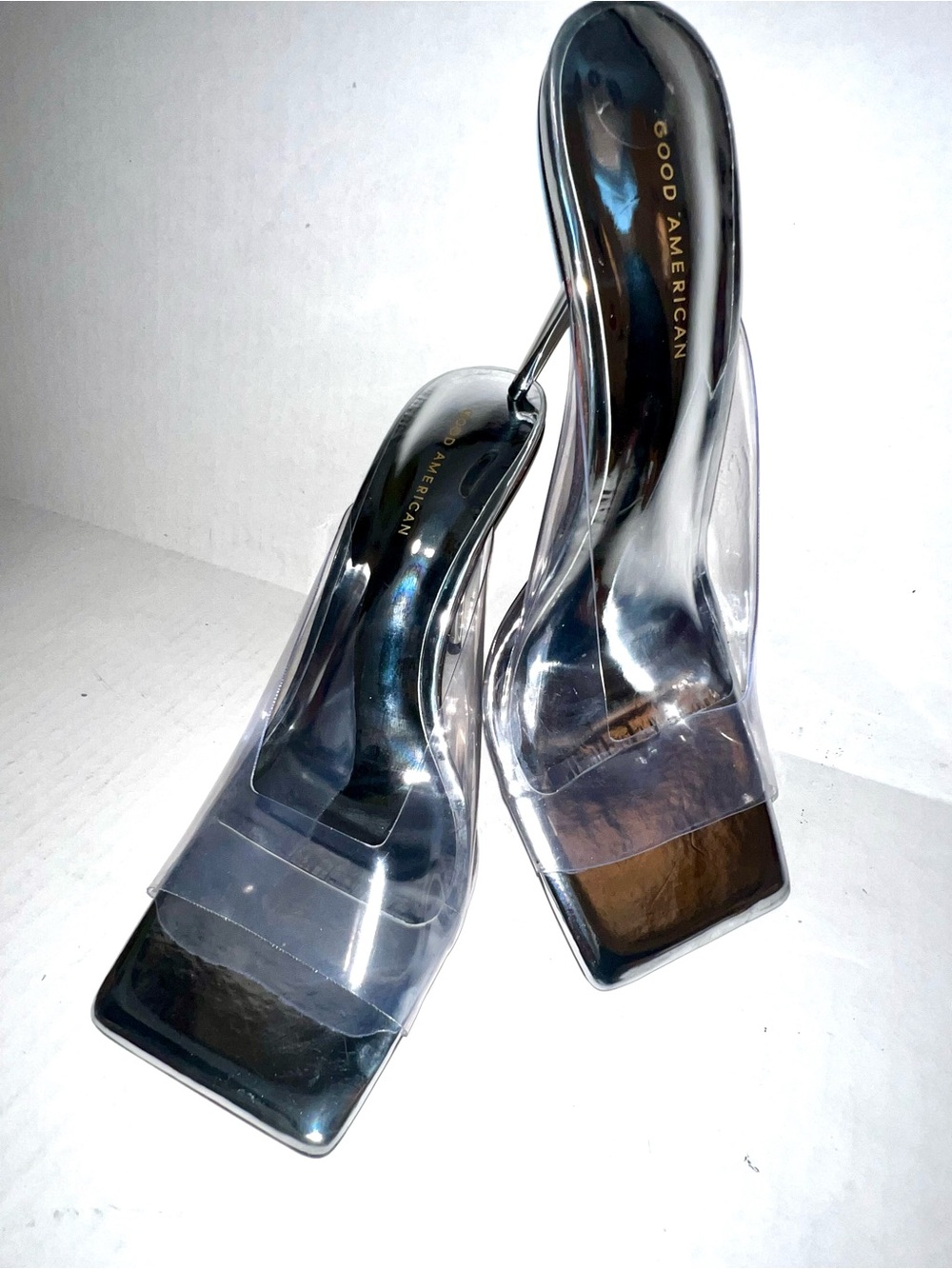 Good American Silver Mirror Square-Toe Clear-Strap Mules NWOT 🪩